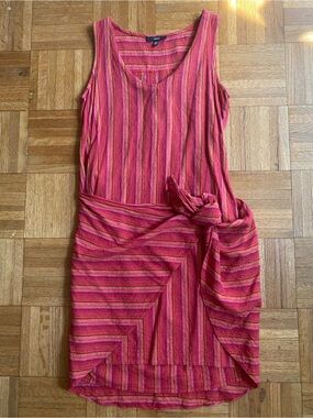 Drew X Anthropologie Striped Tie-Waist Midi Dress Pink/Coral Asymmetrical XS